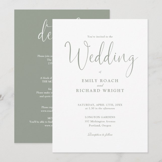 Sage Green All In One Elegant Script Wedding Invitation (Front/Back)