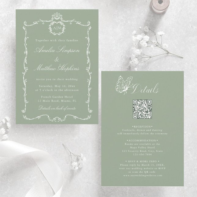 Sage Green All in One Modern Classic Wedding  Invitation (Front & Back)
