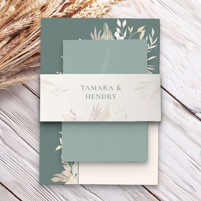 Sage Green Almond Wedding Delicate Foliage Invitation Belly Band (Ivory Sage Green Elegant Wedding Invitation Belly Bands - Foliage Duet wedding collection)