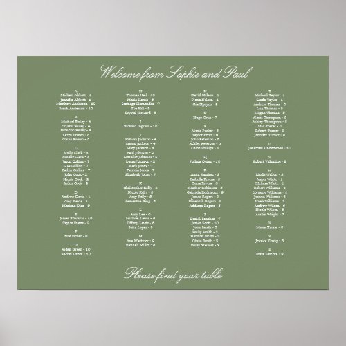 Sage Green Alphabetical Seating Chart Poster