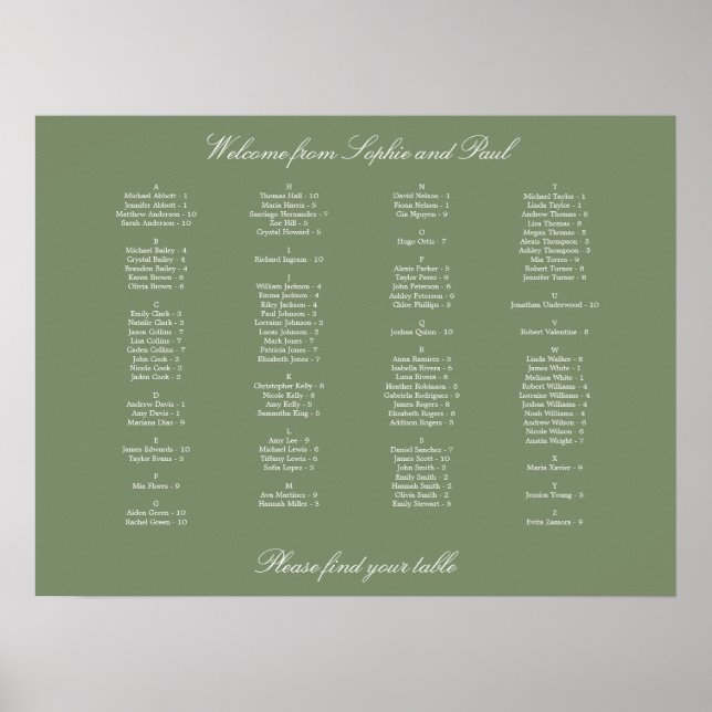 Sage Green Alphabetical Seating Chart Poster (Front)