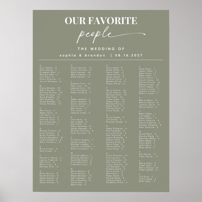 Sage Green Alphabetical Wedding Seating Chart (Front)