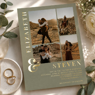 Sage Green ampersand 4 photo grid wedding Foil Invitation