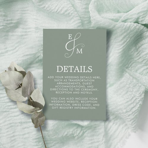 Sage Green Ampersand Monogram Wedding Details Enclosure Card