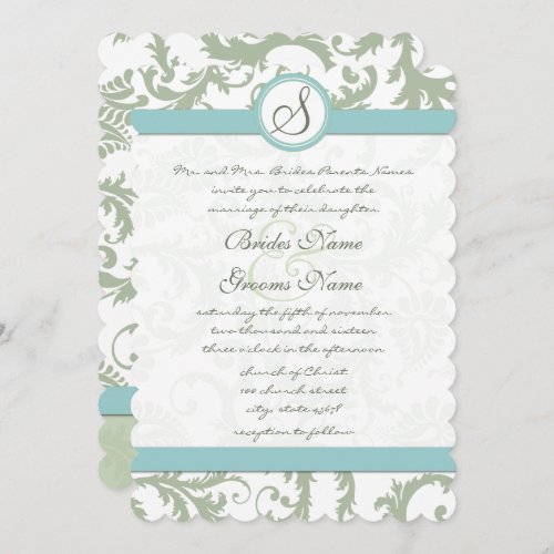 Sage Green and Aqua Damask Wedding Invite