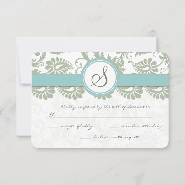 Sage Green and Aqua Damask Wedding RSVP Card (Back)