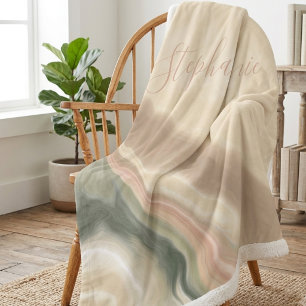 Sage Green and Beige Abstract Watercolor Name Sherpa Blanket