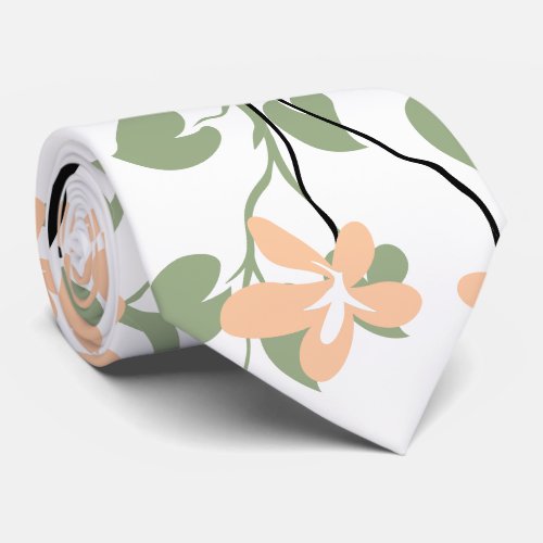 Sage green and black branch and peach flowers neck tie