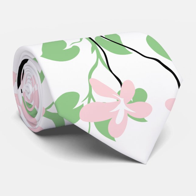 Sage green and black branch, blush pink flowers neck tie (Rolled)