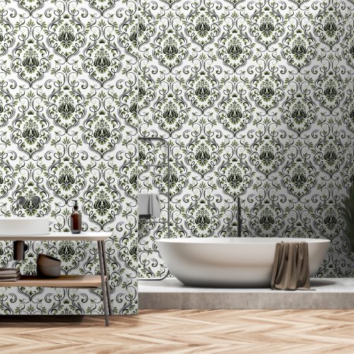 Sage Green and Black Damask Floral peel and stick Wallpaper