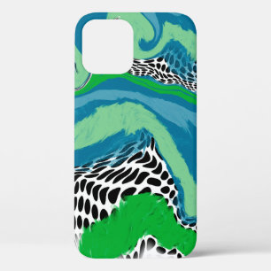 Sage Green and Blue, Black and White Dots Abstract iPhone 12 Pro Case