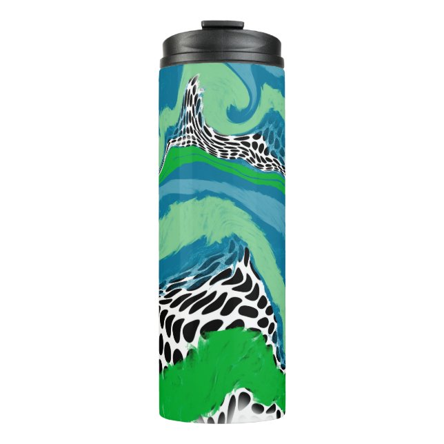 Sage Green and Blue, Black and White Dots Abstract Thermal Tumbler (Front)
