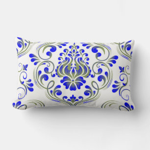 Sage Green and Blue Damask Floral Pattern Elegant  Lumbar Pillow