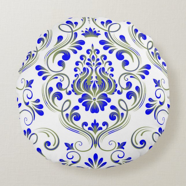 Sage Green and Blue Damask Floral Pattern Elegant  Round Pillow (Front)