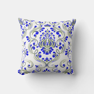 Sage Green and Blue Damask Floral Pattern Elegant Throw Pillow