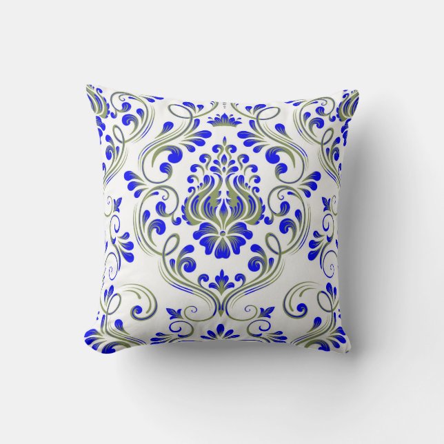 Sage Green and Blue Damask Floral Pattern Elegant  Throw Pillow (Front)