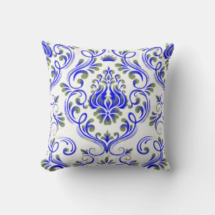 Sage Green and Blue Damask Floral Pattern Elegant Throw Pillow