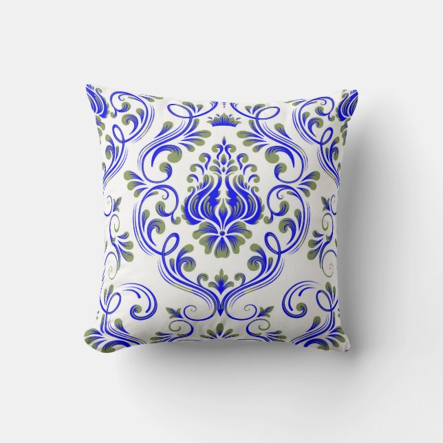 Sage Green and Blue Damask Floral Pattern Elegant  Throw Pillow (Front)