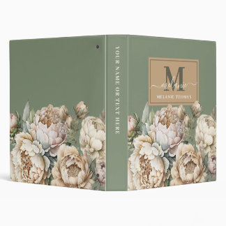 Sage Green and Blush Peonies Script Name Monogram 3 Ring Binder