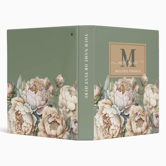 Sage Green and Blush Peonies Script Name Monogram 3 Ring Binder (Background)
