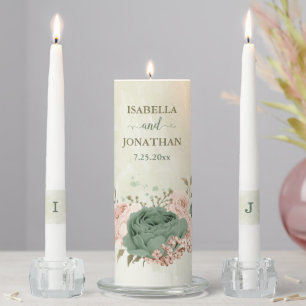 sage green and blush pink flowers wedding unity candle set