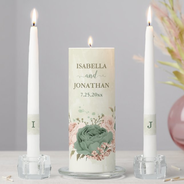 sage green and blush pink flowers wedding unity candle set (In Situ)
