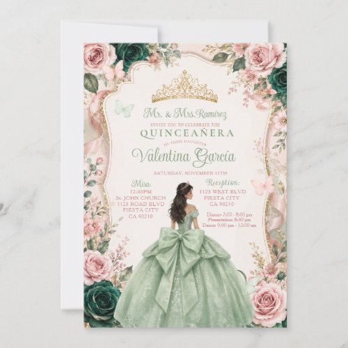Sage Green and Blush Pink Quinceañera Invitation
