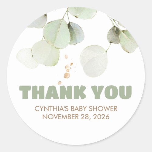 Sage Green and Brown Eucalyptus Leaves Thank You Classic Round Sticker