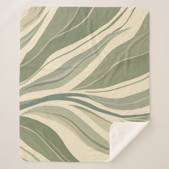 Sage Green and Cream Abstract Leaves Pattern Sherpa Blanket (Front)