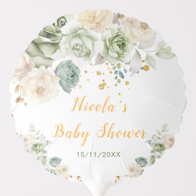 Sage Green and Cream Floral Baby Shower Balloon (Front)