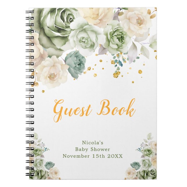 Sage Green and Cream Floral Baby Shower Guest Book (Front)