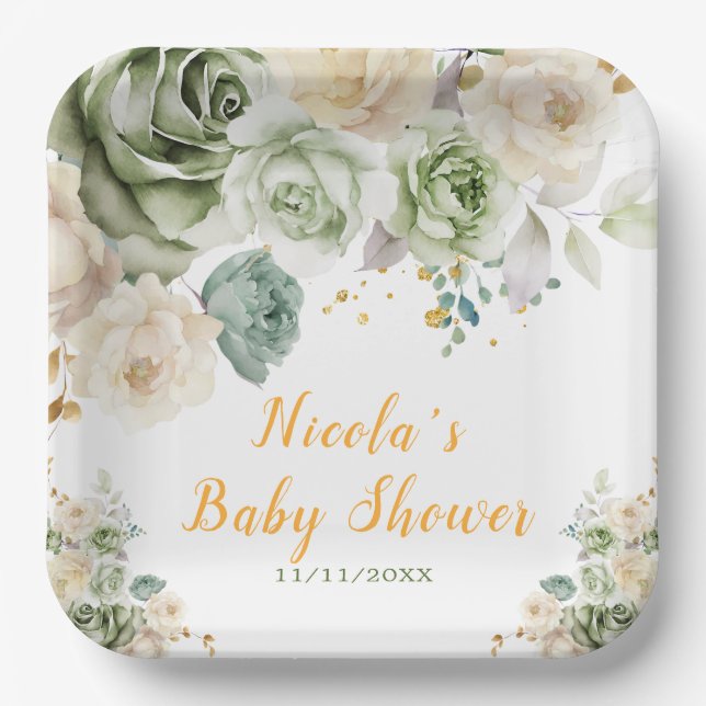 Sage Green and Cream Floral Baby Shower Paper Plates (Front)