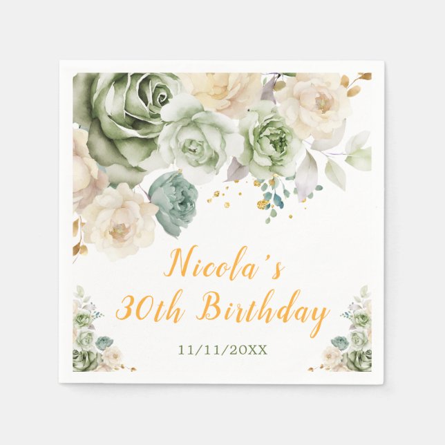 Sage Green and Cream Floral Birthday Napkins (Front)