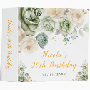 Sage Green and Cream Floral Birthday Party 3 Ring Binder