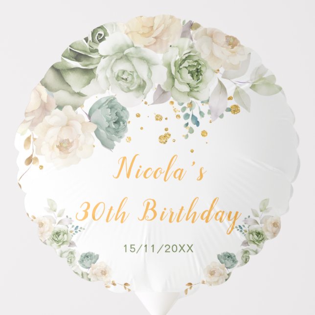 Sage Green and Cream Floral Birthday Party Balloon (Front)