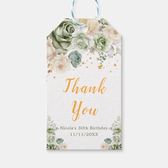 Sage Green and Cream Floral Birthday Party Gift Tags (Front)
