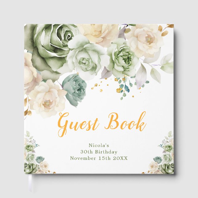 Sage Green and Cream Floral Birthday Party Guest Book (Front)