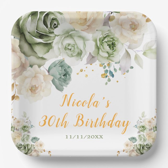 Sage Green and Cream Floral Birthday Party Paper Plates (Front)