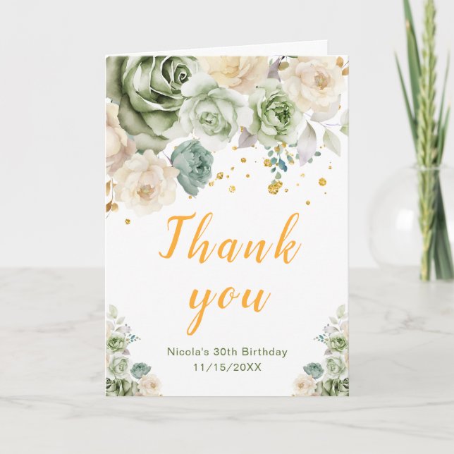 Sage Green and Cream Floral Birthday Thank You Card (Front)