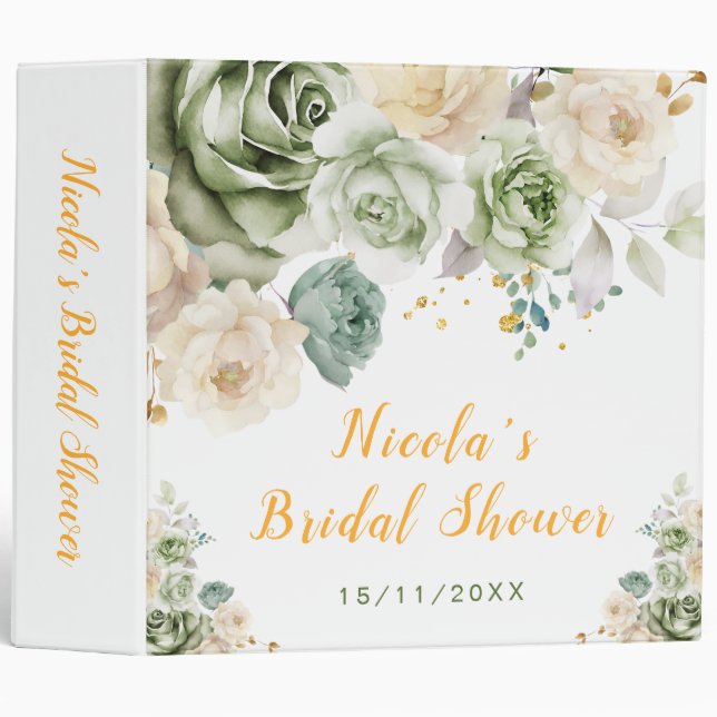 Sage Green and Cream Floral Bridal Shower 3 Ring Binder (Front/Spine)