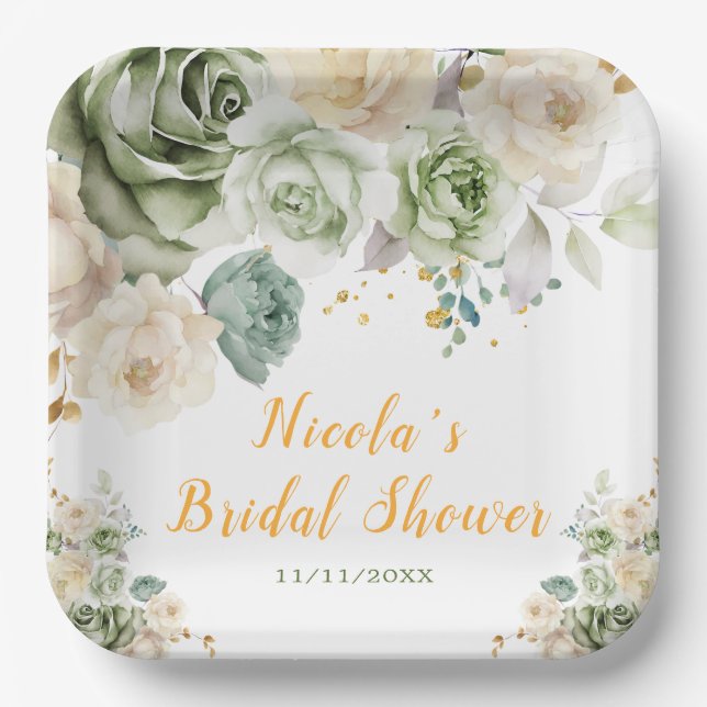 Sage Green and Cream Floral Bridal Shower Paper Plates (Front)