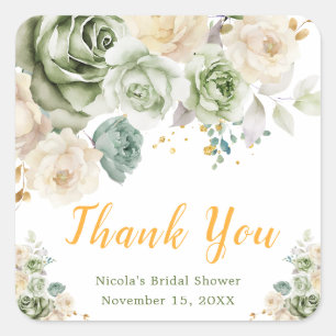 Sage Green and Cream Floral Bridal Shower Square Sticker