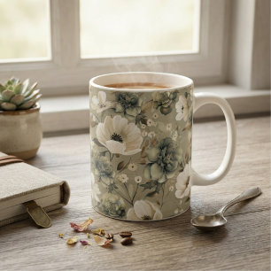 Sage Green And Cream Floral Coffee Mug