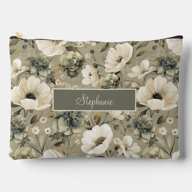Sage Green And Cream Floral Personalized Accessory Pouch (Front)