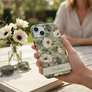 Sage Green And Cream Floral Personalized iPhone 15 Case