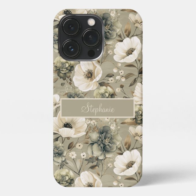 Sage Green And Cream Floral Personalized iPhone Case (Back)