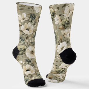 Sage Green And Cream Floral Socks