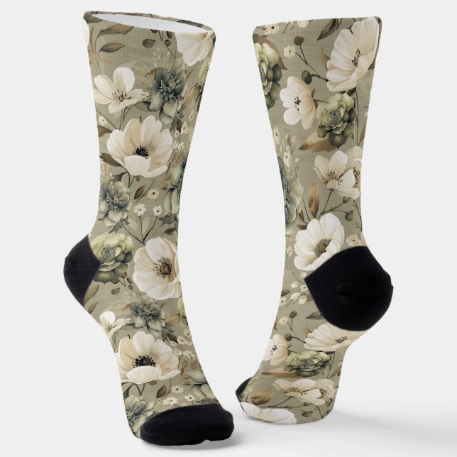 Sage Green And Cream Floral  Socks (Angled)