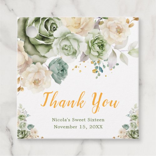 Sage Green and Cream Floral Sweet Sixteen Favor Tags