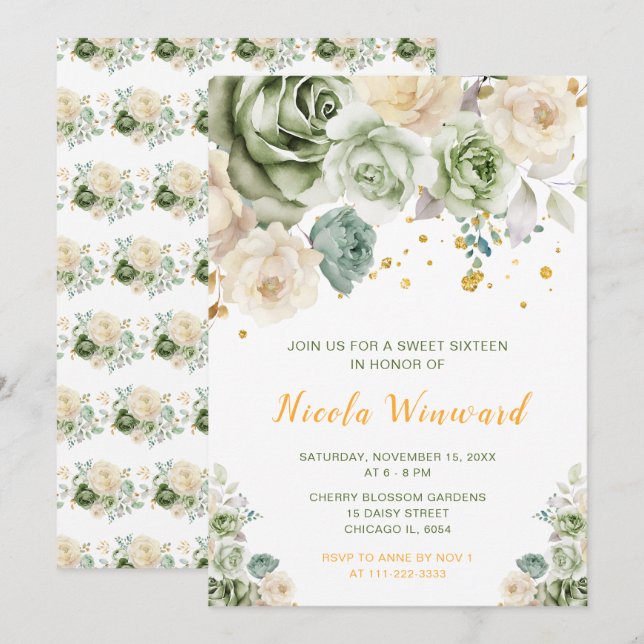 Sage Green and Cream Floral Sweet Sixteen Invitation (Front/Back)